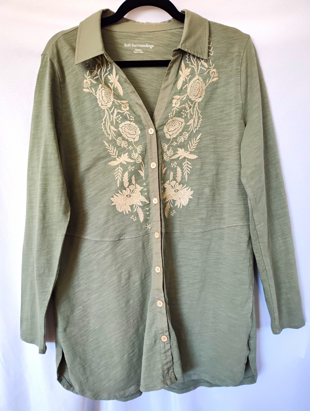 Soft Surroundings Women’s M Green Floral Collared Long Sleeve Button Blouse